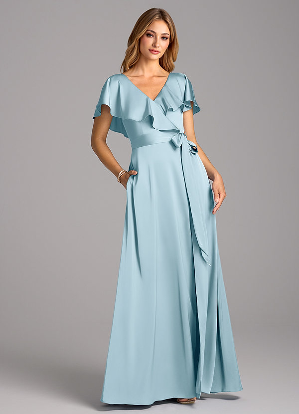 Azazie Lainey Bridesmaid Dresses Sky Blue A-Line with Pockets Stretch Satin Dress image1