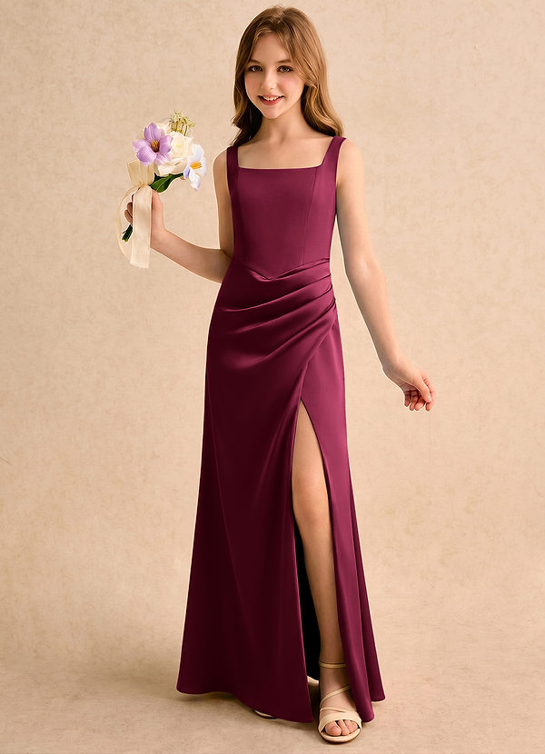 Azazie Noah Girls Formal Bloemenmeisjesjurken Kolom Jurk van Stretch Satijn Geplooide Bourgondië image1