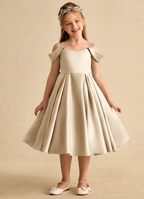 Azazie Favia Flower Girl Dresses Champagne A-Line Off the Shoulder Matte Satin Dress image1
