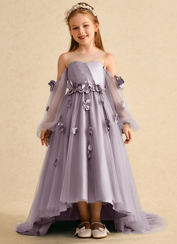 Azazie Karrie Robes de Fillette d'Honneur Robe Trapèze en Tulle avec manches Crépuscule image1