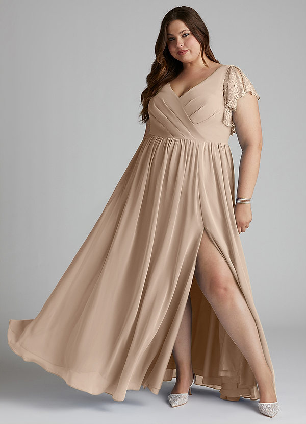 Azazie Zella Robes Demoiselle d'honneur Robe Trapèze en Mousseline de soie Dentelle Taupe image1