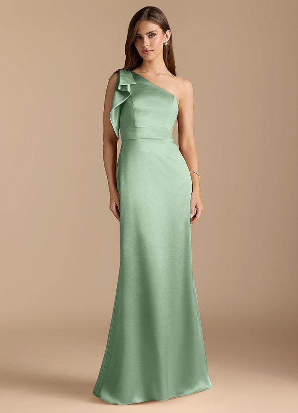 Azazie Rinna Bridesmaid Dresses Matcha Mermaid Ruched Metallic Satin Dress image1