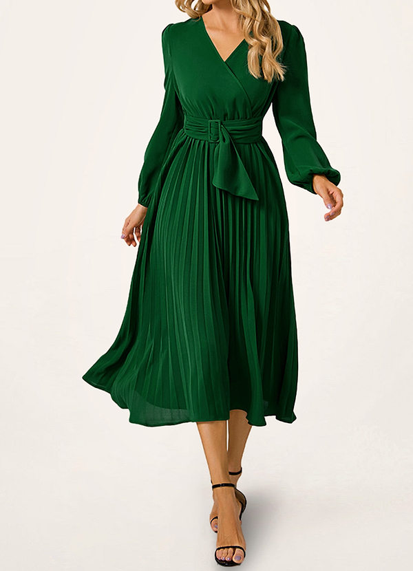 front Norway Dark Emerald Pleated Long Sleeve Midi Dress