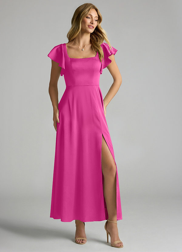 Azazie Bondi 신부 들러리 드레스 A라인 셔링 스트레치 새틴 발목 길이 드레스 image1