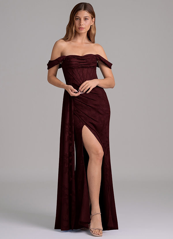 Azazie Amyra 신부 들러리 드레스 인어 오프 더 숄더 플로럴 번아웃 바닥 길이 드레스 image1