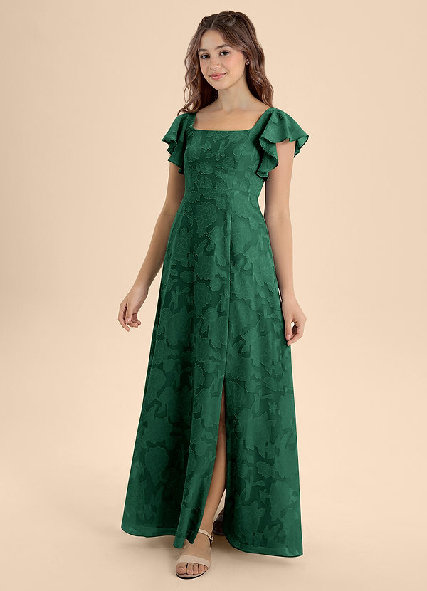 Azazie Bondi Junior Vestido de Verde Oscuro de Devorado Floral de Corte en A con Lazo image1