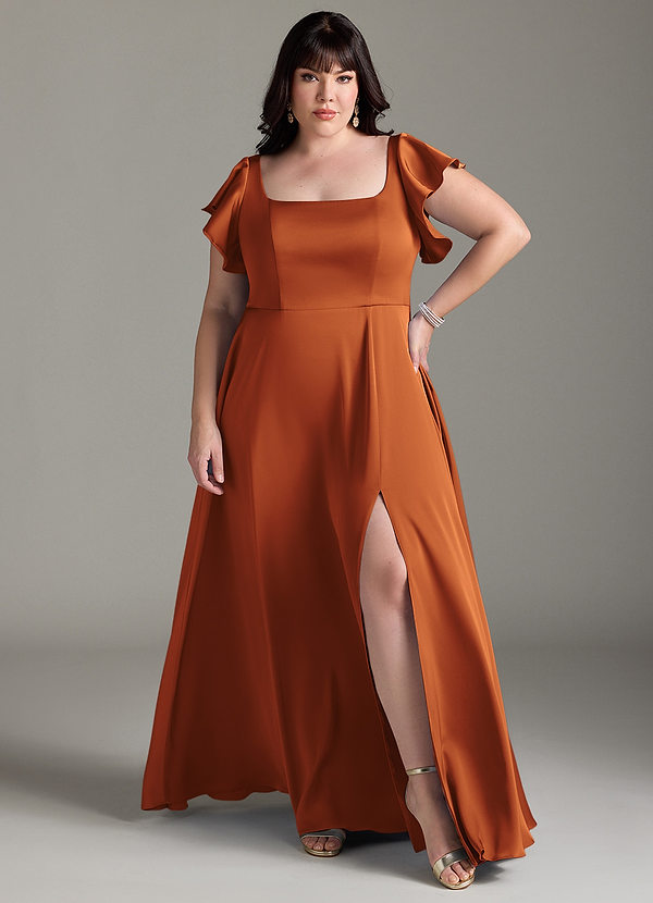 Azazie Bondi Bridesmaid Dresses Cinnamon A-Line Bow Stretch Satin Dress image1