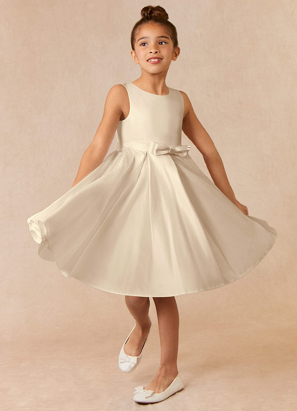 Azazie Coco Flower Girl Dresses Champagne A-Line Bow Matte Satin Dress image1