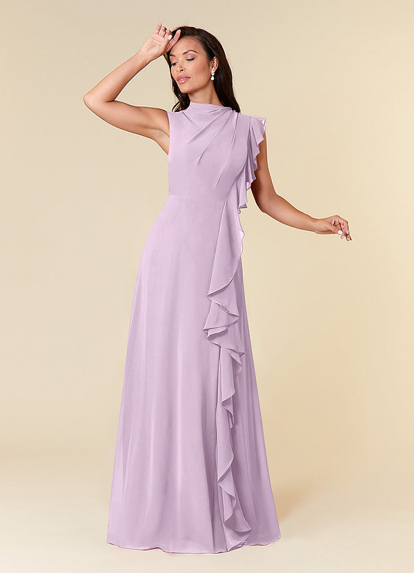 Azazie Narine Vestidos de Madre de la Novia Vestido de Lila Esmerilada de Gasa de Corte En A con Cuello alto plisado image1