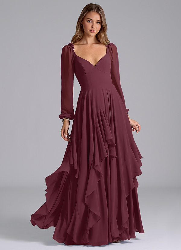 Azazie Karan Bridesmaid Dresses Cabernet A-Line Long Sleeve Chiffon Dress image1