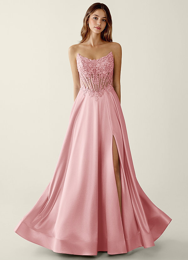 Zuri Rosa Empolvado Vestido de fiesta de satén cruzado con corsé y escote en A image1