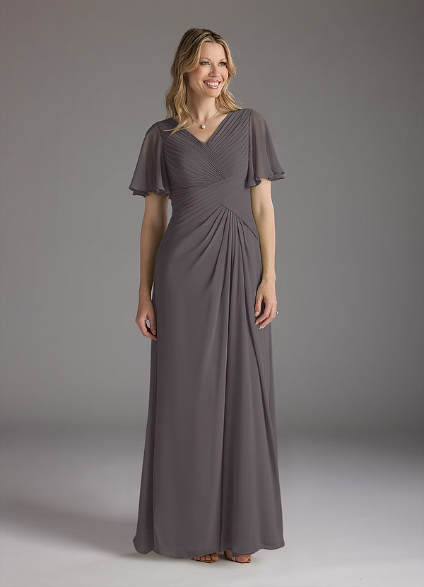 Azazie Morning Glory Mother of the Brides Dresses Steel Grey A-Line V-Neck Ruched Chiffon Dress image1