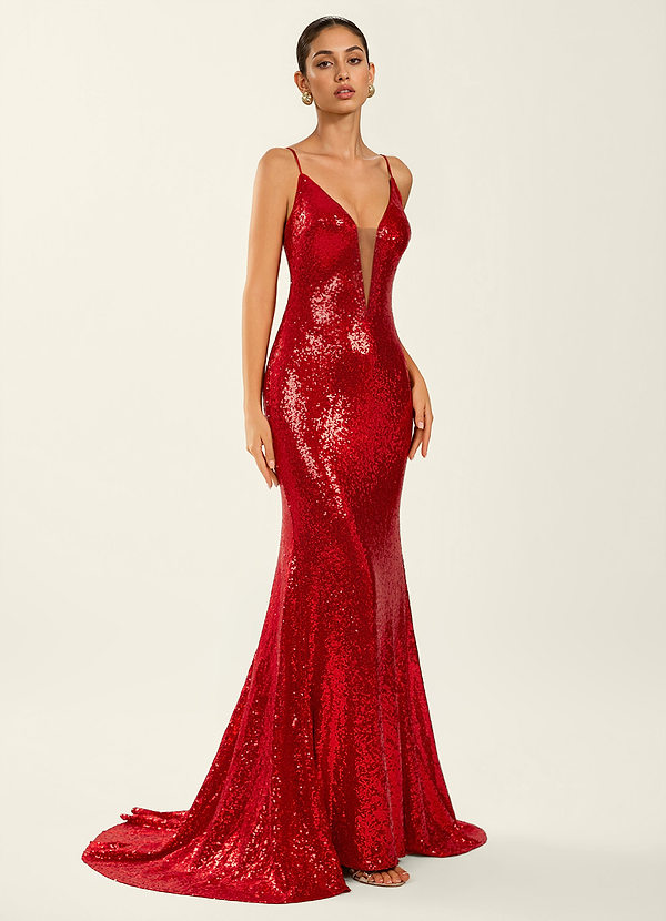 Astraea Red Sparkly V-neck Open Back Mermaid Prom Dress image1