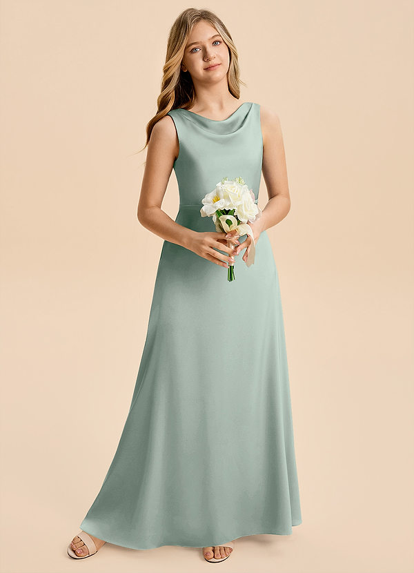 Azazie Kiki Junior Agave A-Line Bow Stretch Satin Dress image1