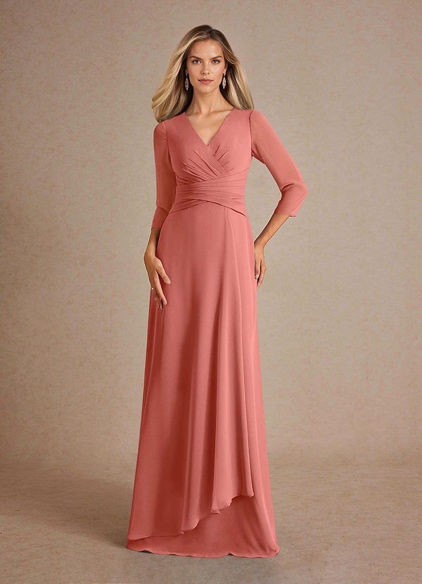 Azazie Mayfield Robe Mère de la Mariée & du Marié Robe Trapèze en Mousseline de soie Plissée Rose Saumon image1