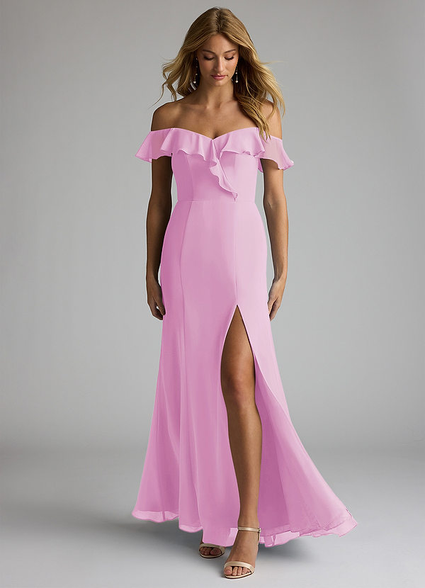 Azazie Sophie Bridesmaid Dresses Candy Pink A-Line Off the Shoulder Chiffon Convertible Dress image1