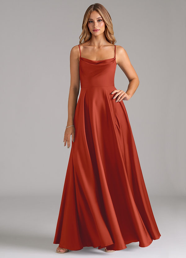 Azazie Elle Bridesmaid Dresses Rust A-Line Pleated Stretch Satin Dress image1