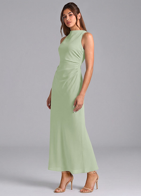 Azazie Evadne Brautjungfernkleider Etui Plissee Chiffon Kleid Staubiger Salbeigrün image1