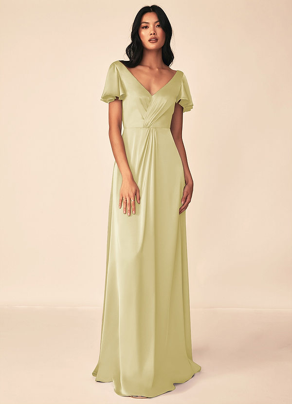 Azazie Soren Bridesmaid Dresses Lemon Sorbet A-Line Pleated Stretch Satin Dress image1