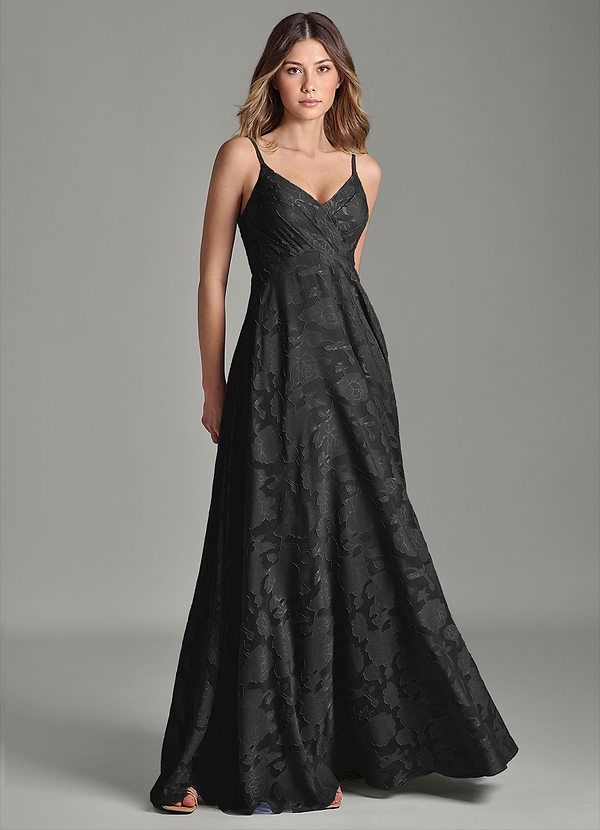 Azazie Amani Robes Demoiselle d'honneur Robe Trapèze en Blumen-Burnout Plissée Noir image1