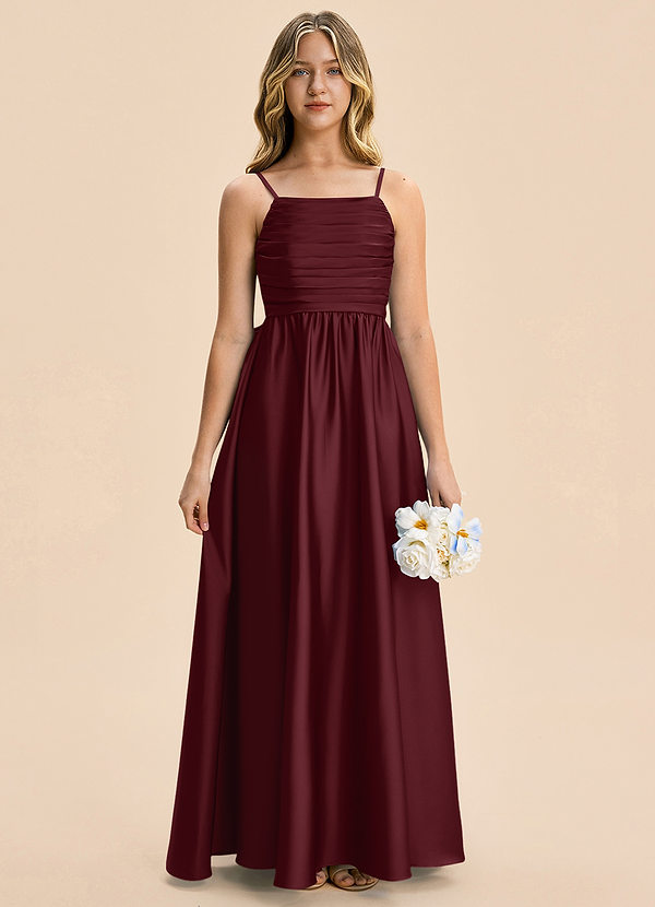 Azazie Kai Junior Cabernet A-Line Pleated Stretch Satin Dress image1