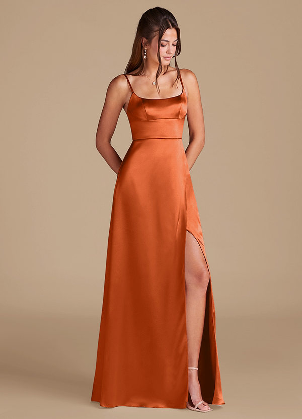 Azazie Halsey Robes Demoiselle d'honneur Robe Trapèze en Satiné métallisé Fente Latérale Orange Brûlée image1