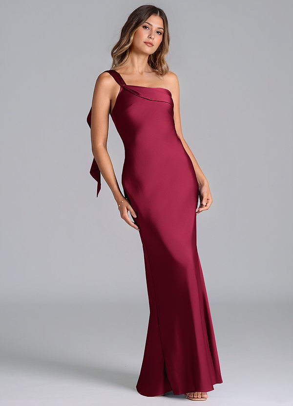 Azazie Driea Brudtärneklänningar Klä av Sjöjungfru i Stretch Satin Ena axeln Bourgogne image1