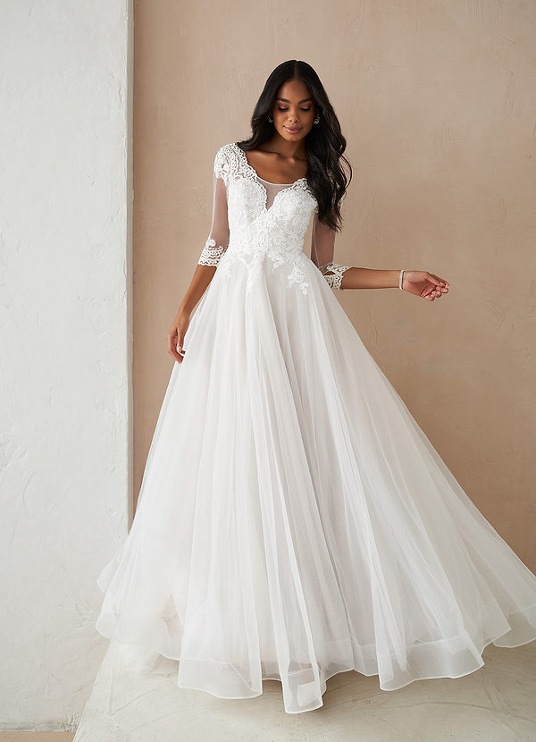 Azazie Sandoval Wedding Dresses Diamond White A-Line Lace Tulle Dress image1