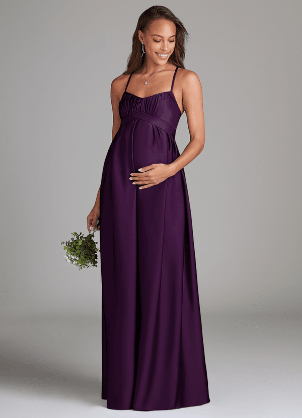 Azazie Llana Gravid brudtärna Klänningar Klänning A-Linje med fickor Golvlängd Stretch Satin image1