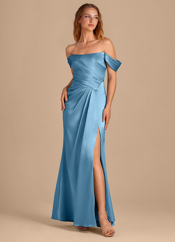 Azazie Shea Vestidos Dama de Honor Vestido de Azul Acero de Satén Metálico de Corte Sirena Convertible con Vestidos sin tirantes image1