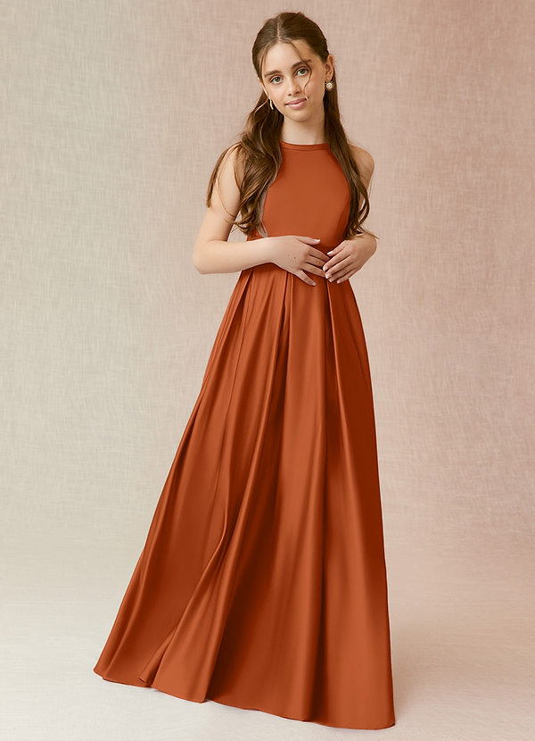 Azazie Arianthe Junior Burnt Orange A-Line with Pockets Matte Satin Dress image1