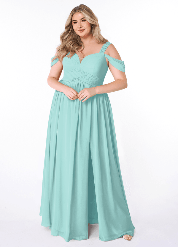 Azazie Lianne Bridesmaid Dresses Aqua A-Line Off the Shoulder Chiffon Dress image1