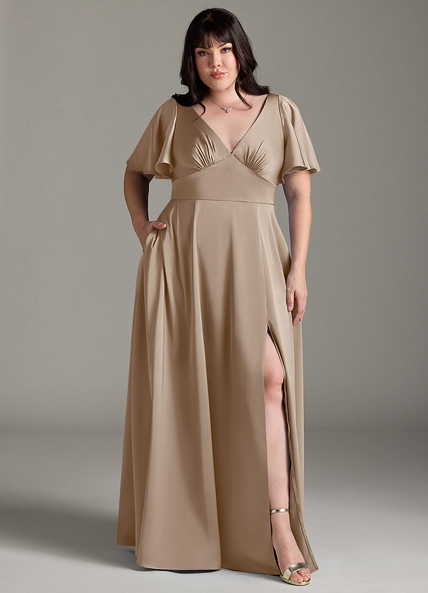 Azazie Kimber Bridesmaid Dresses Taupe A-Line Ruched Stretch Satin Dress image1
