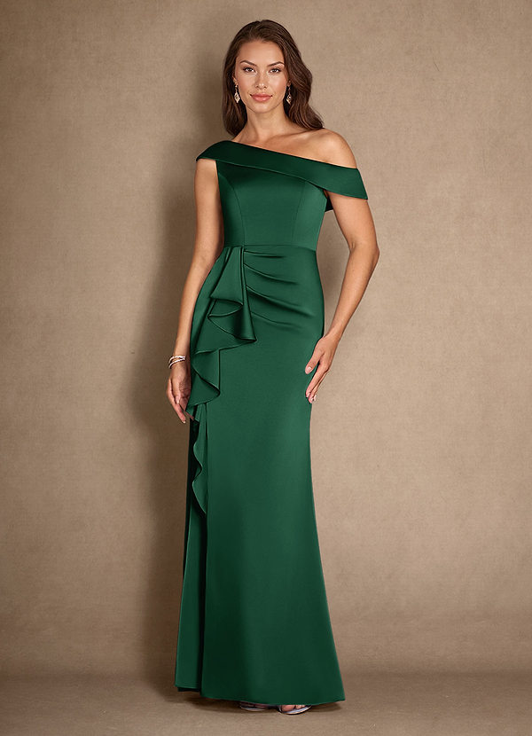 Azazie Hamptons Mother of the Brides Dresses Dark Green A-Line Pleated Stretch Satin Dress image1
