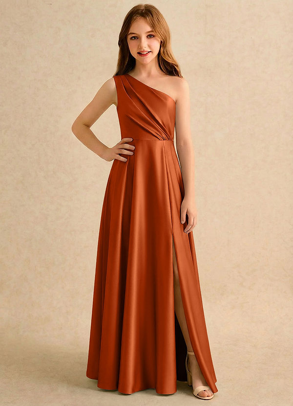 Azazie Puddles Girls Formal Flower Girl Dresses Burnt Orange A-Line One Shoulder Stretch Satin Dress image1