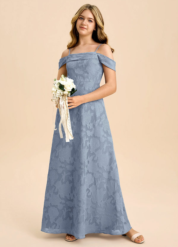 Azazie Anselie Junior Dusty Blue A-Line Off the Shoulder Floral Burnout Dress image1