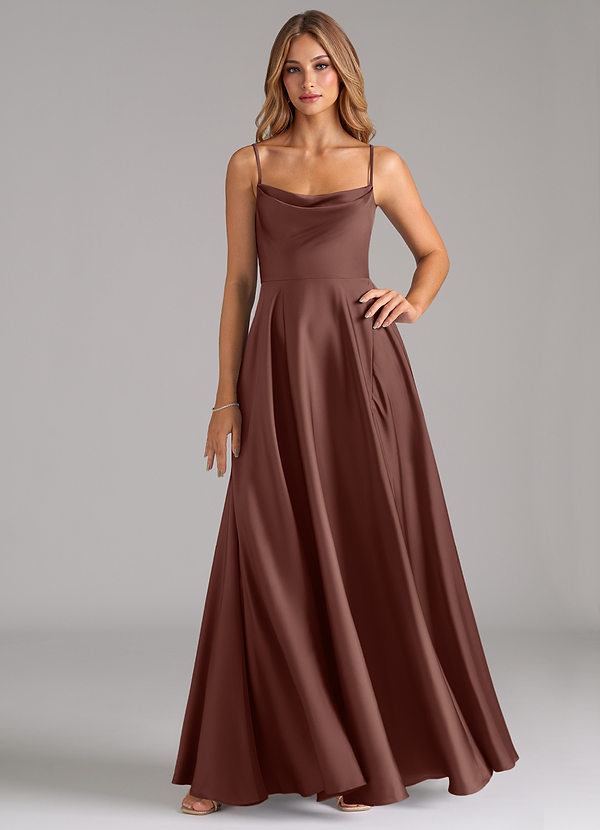 Azazie Elle Bridesmaid Dresses Espresso A-Line Pleated Stretch Satin Dress image1