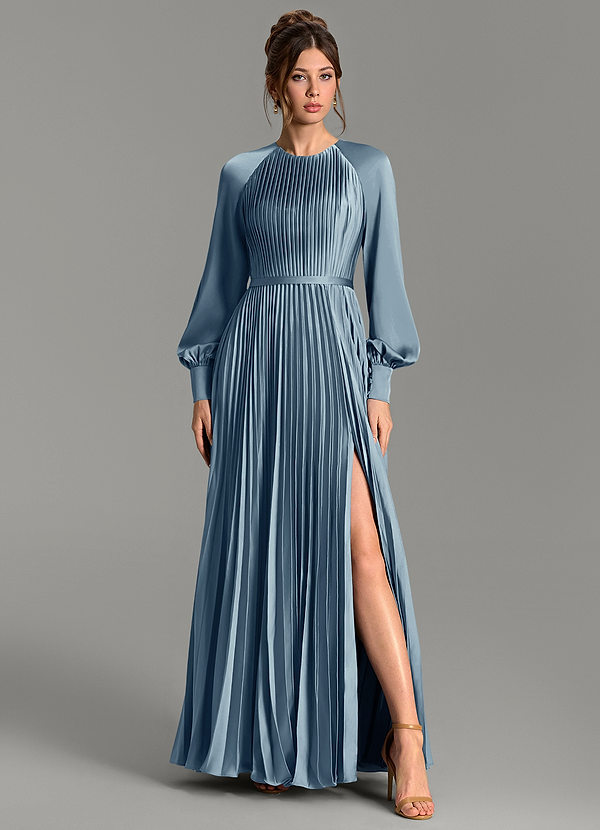 Grayson Bridesmaid Dresses Dusty Blue A-Line Long Sleeve Stretch Satin Dress image1