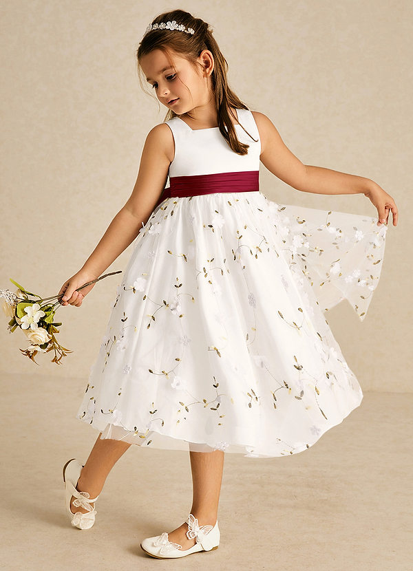Azazie Pollie Flower Girl Dresses Ivory Burgundy A-Line Bow Tulle Dress image1