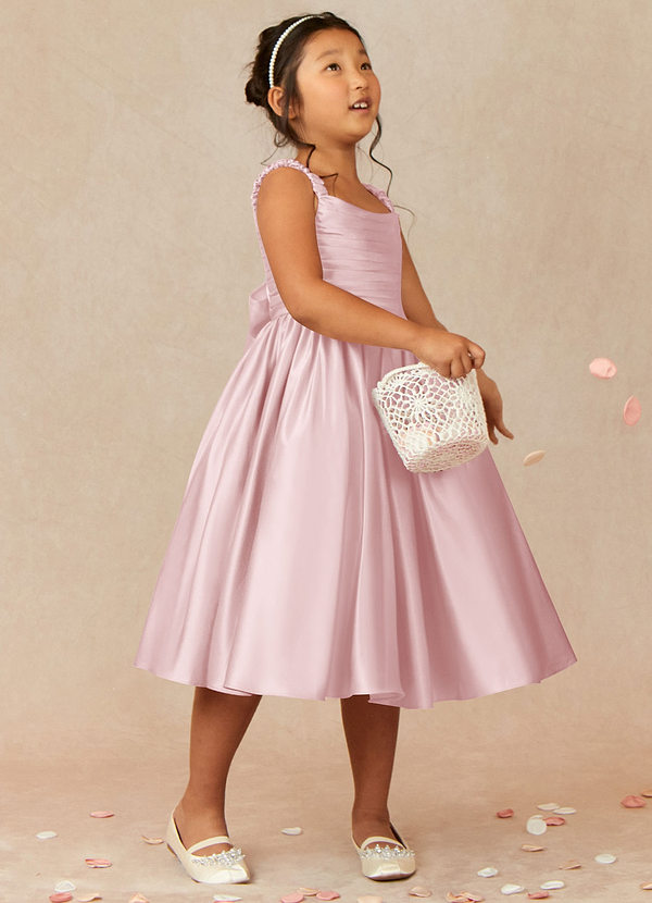 Azazie Cutie Pie Flower Girl Dresses Powder Pink A-Line Pleated Matte Satin Dress image1