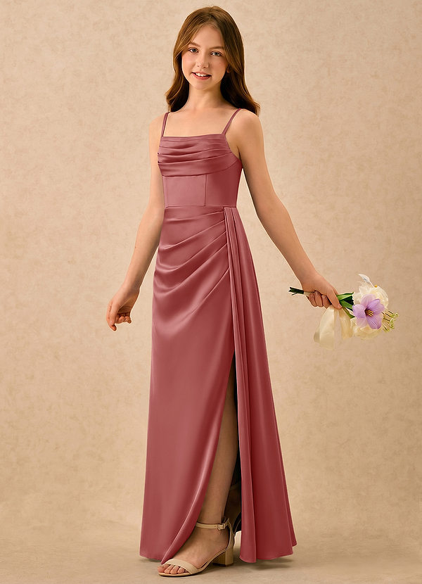 Azazie Shyla Girls Formal Sukienki dla dziewczynek sypiących kwiaty Osłona Pofałdowany Satyna elastyczna Długość podłogi Sukienka image1