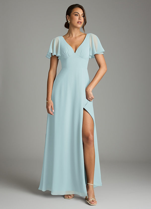 Azazie Kimber Bridesmaid Dresses Mist A-Line Flounce Sleeve Chiffon Dress image1
