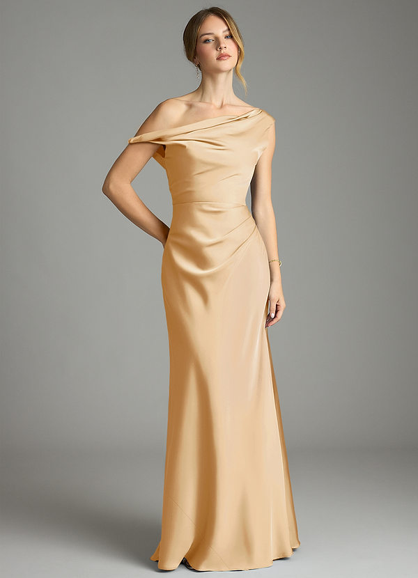 Azazie Emerson Robes de demoiselle d'honneur Robe Sirène en Satin extensible Épaules dénudées Or image1
