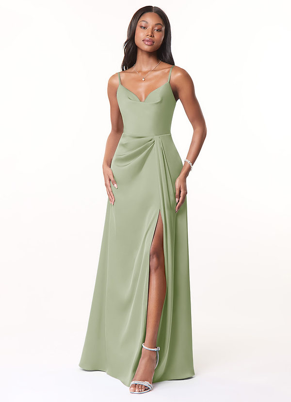 Azazie Brielle Robes Demoiselle d'honneur Robe Trapèze en Satin extensible Bretelles spaghetti Vert Sauge image1