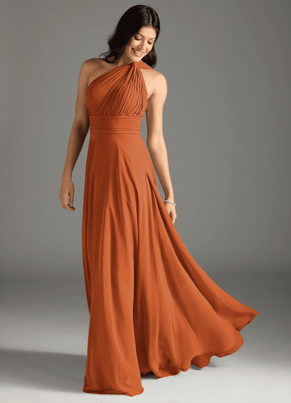 Azazie Charlize Bridesmaid Dresses Cinnamon A-Line One Shoulder Chiffon Dress image1