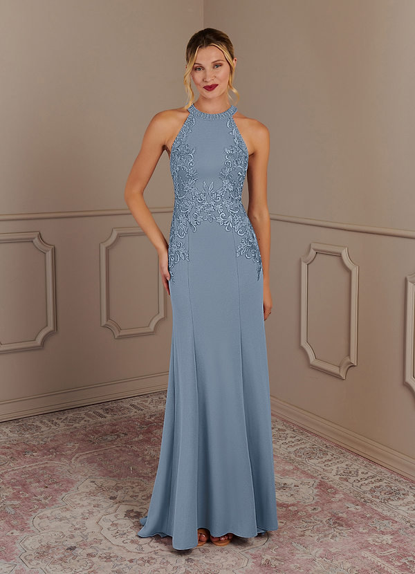 Azazie Tyra Mother of the Bride Dresses Dusty Blue Mermaid Halter Lace Stretch Crepe Dress image1