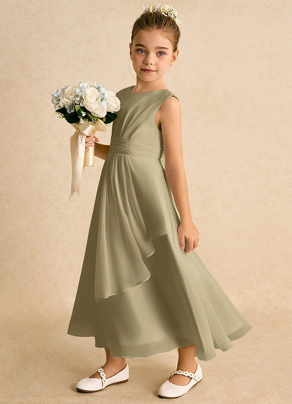 Azazie Edelweiss Robes de Fillette d'Honneur Robe Trapèze en Mousseline de soie Plissée Vert Mousse image1