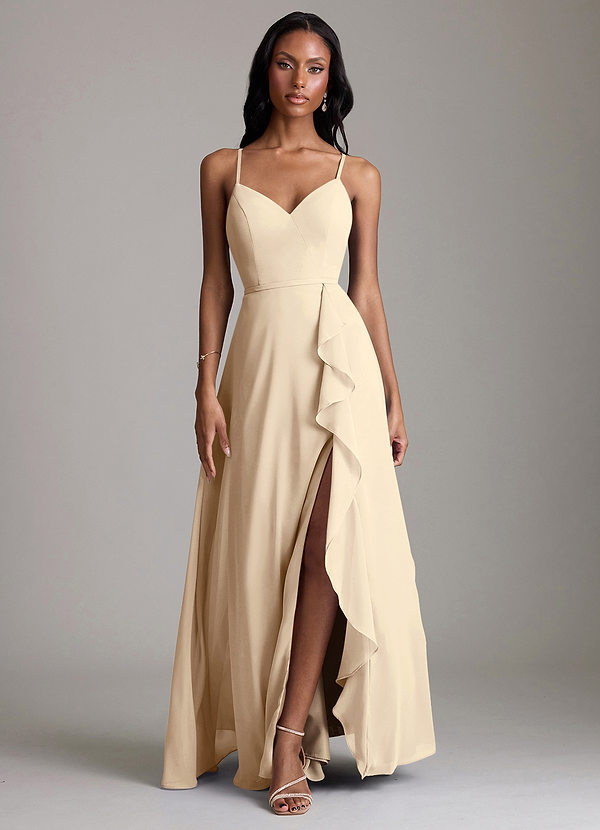 Azazie Naeem Bridesmaid Dresses Champagne A-Line V-Neck Ruffle Chiffon Dress image1
