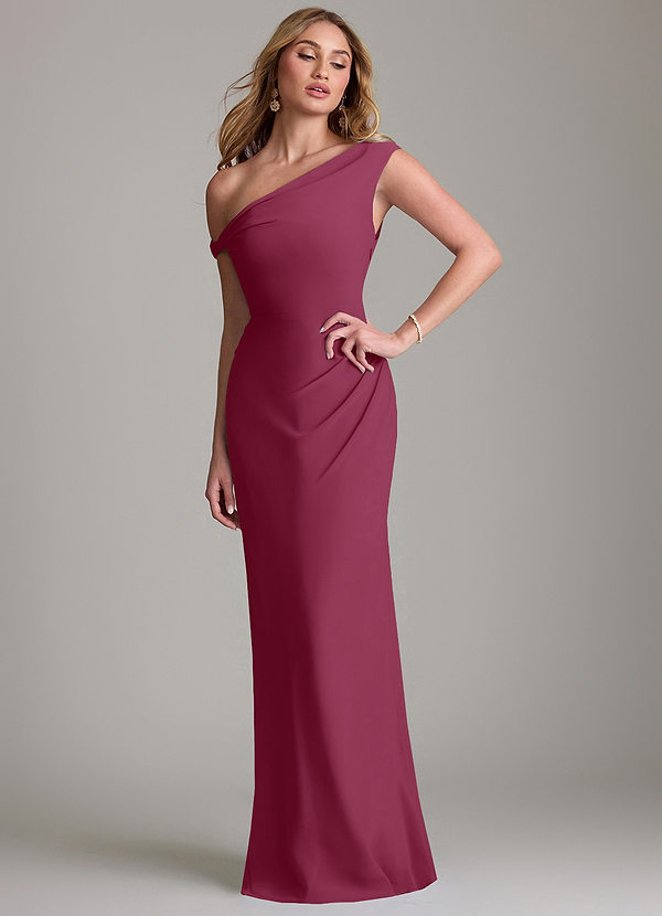 Azazie Emerson Bridesmaid Dresses Mulberry Sheath Off the Shoulder Chiffon Dress image1