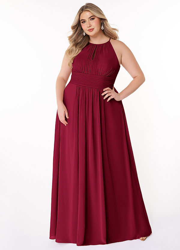 Azazie Bonnie Brautjungfernkleider A-Linie Schlüsselloch Gerüscht Chiffon Kleid Burgunderrot image1